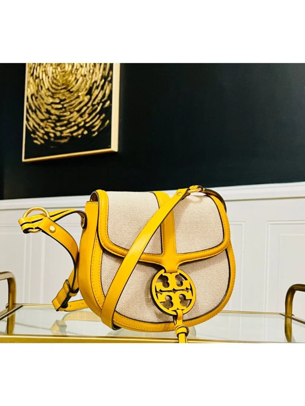 Tory Burch Miller Canvas & Leather Saddle Bag Yellow/Natural Crossb